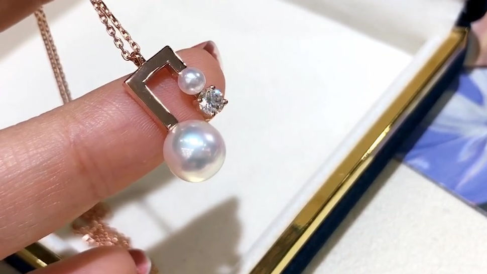 0.20ct SI Diamond, AAAA 4-8.5 Akoya Pearl Note Necklace, 18k Rose Gold